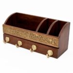 Wooden Wall Organizer with Brass Engraved Panel & Hooks - Image 3