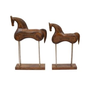 Handcrafted Wooden Horse Figurines on Stand – Set of 2