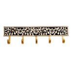 Decorative Wall Hook Rack with Brass Hooks & Floral Inlay