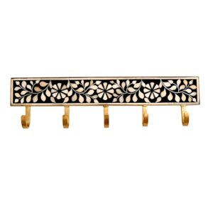 Decorative Wall Hook Rack with Brass Hooks & Floral Inlay