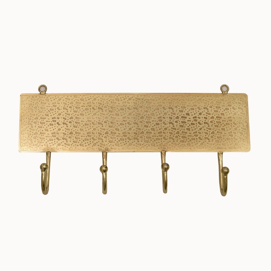 13 Brass Wall Hook Rack with Textured Plate Design (4 Hooks) - Image 1