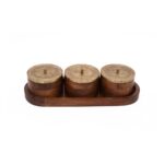 Wooden Spice/Storage Container Set with Brass Engraved Lids (3 Jars + Tray)