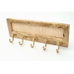 Wooden Cane Weave Wall Hook Rack with 5 Brass Hooks - Image 2