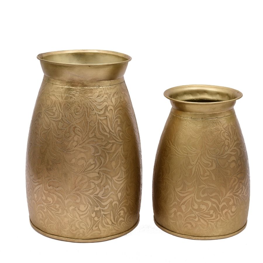 24 Decorative Embossed Metal Vases with Golden Finish (Set of 2) - Image 1