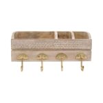 Wooden Wall Organizer with Brass Hooks & Storage Compartments