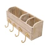 Wooden Wall Organizer with Brass Hooks & Storage Compartments - Image 2