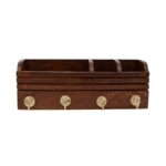 Wooden Wall Organizer with Compartments & Brass Hooks