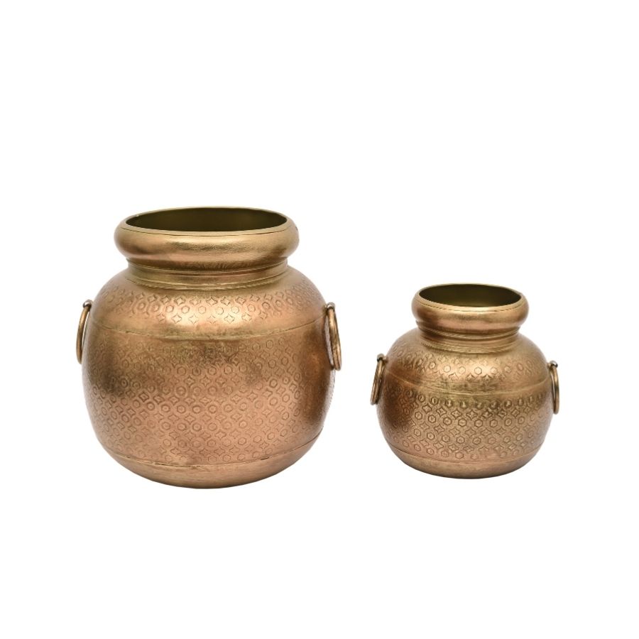69 Antique Brass Finish Metal Pots with Handles (Set of 2) - Image 1