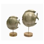 Decorative Metal Fish Figurines on Wooden Base – Set of 2