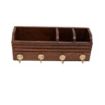 Wooden Wall Organizer with Compartments & Brass Hooks - Image 2