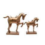 Handcrafted Brass-Coated Horse Figurines on Wooden Base – Set of 2