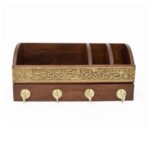 Wooden Wall Organizer with Brass Engraved Panel & Hooks