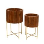 Wooden Planter Stands with Brass Finish Base – Set of 2