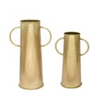 Handcrafted Hammered Brass Finish Metal Vase Set with Side Handles