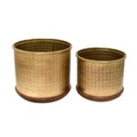 Embossed Metal Planter Set with Wooden Base – Antique Brass Finish