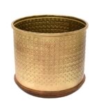 Embossed Metal Planter Set with Wooden Base – Antique Brass Finish - Image 2