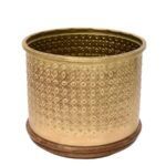 Embossed Metal Planter Set with Wooden Base – Antique Brass Finish - Image 3