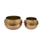 Handcrafted Hammered Metal Planter Set with Handles – Antique Brass Finish