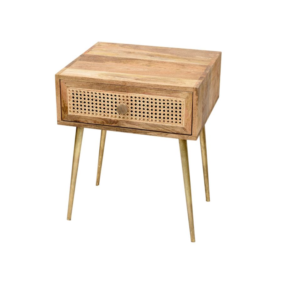 10 Wooden Bedside Table with Cane Drawer and Brass Legs - Image 1