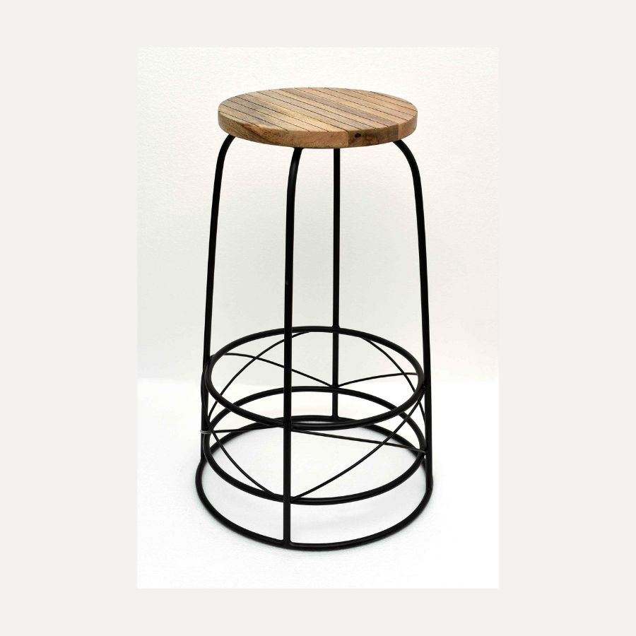 10 Round Wooden Bar Stool with Black Metal Base - Image 1