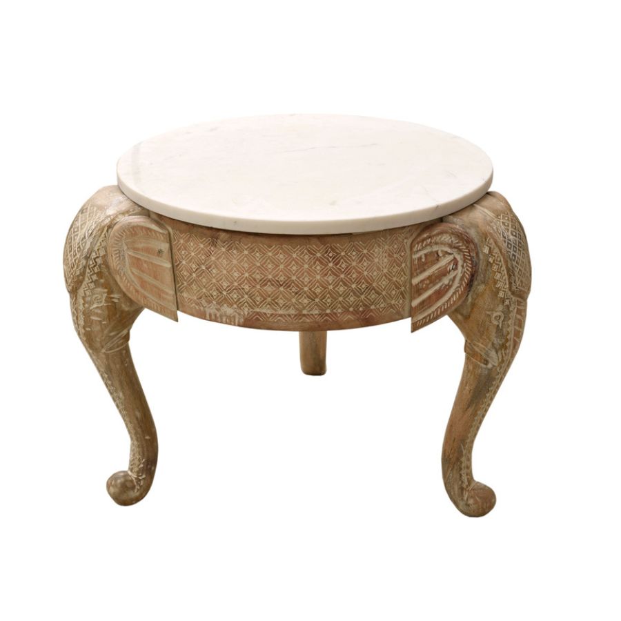 12 Hand-Carved Elephant Side Table with Marble Top - Image 1