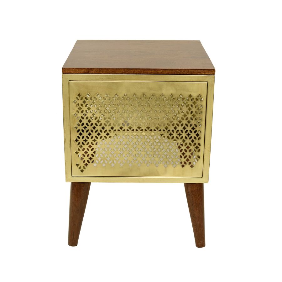 13 Wooden Bedside Table with Perforated Brass Front and Tapered Legs - Image 1