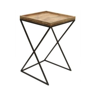 Wooden Tray Top Side Table with Geometric Metal Base
