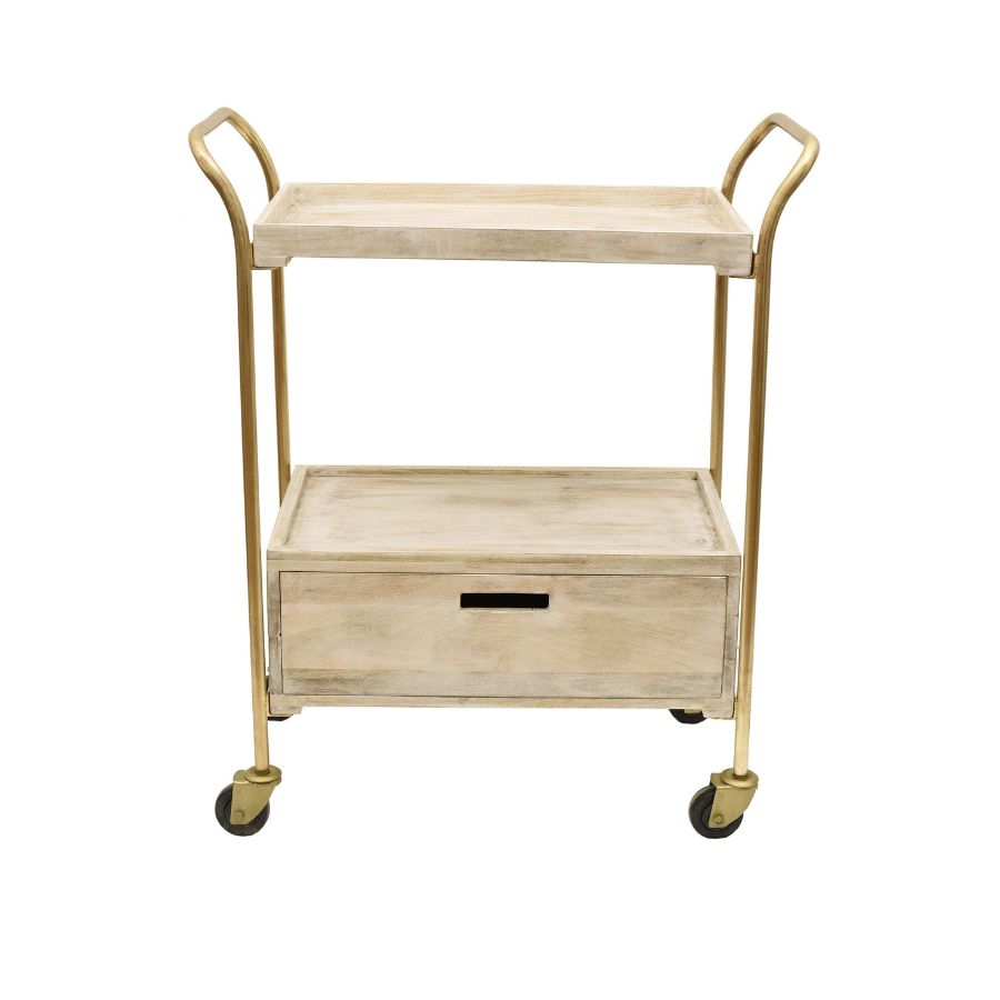 17 Two-Tier Wood & Brass Bar Cart with Drawer - Image 1