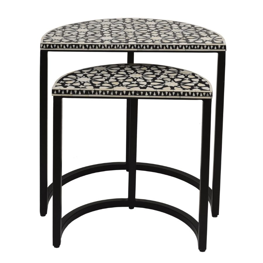 2 Handcrafted Bone Inlay Half-Moon Nesting Side Tables – Set of 2 - Image 1
