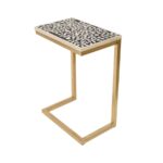 Black & White Bone Inlay C-Shape Side Table with Brass Base
