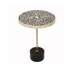 Black & White Bone Inlay Round Accent Table with Brass Stem