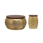 Ornate Perforated Brass Coffee Tables with Wooden Tops (Set of 2)