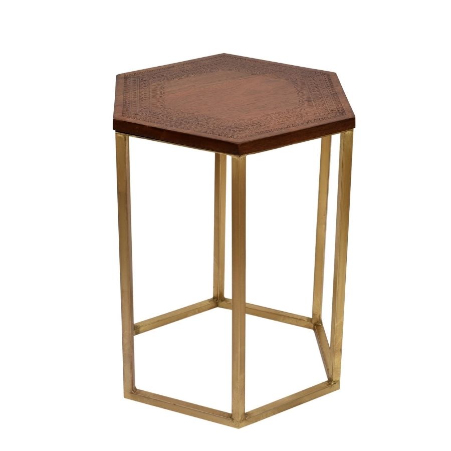 3 Hexagonal Carved Wood Side Table with Gold Geometric Frame - Image 1