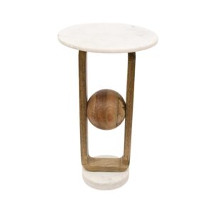 White Marble Martini Table with Sculptural Wood Frame and Sphere
