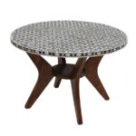 Black & White Bone Inlay Round Coffee Table with Wooden Pedestal Base
