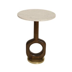White Marble Accent Table with Sculptural Wood Ring Base