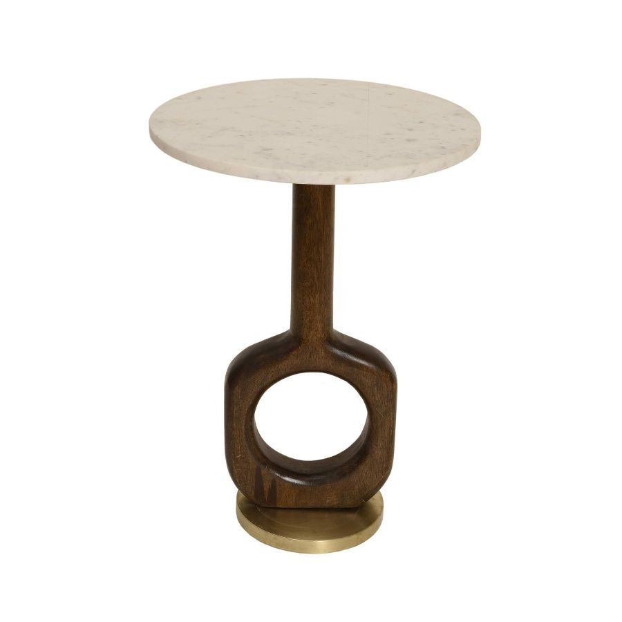 34 White Marble Accent Table with Sculptural Wood Ring Base - Image 1