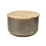 Round Wooden Coffee Table with Perforated Metal Base