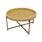 Yellow & White Bone Inlay Round Coffee Table with Metal Base - Image 2
