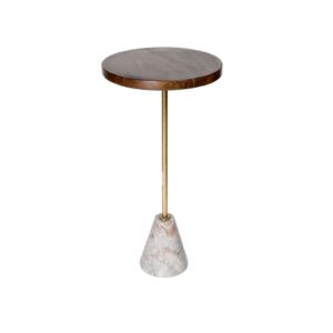 Round Wooden Top Accent Table with Marble Base & Brass Stem