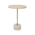 White Bone Inlay Round Accent Table with Brass Stem & Marble Base