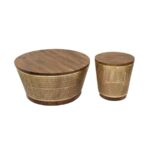 Wooden Tray Side Table with Intricate Carvings and Gold-Finished