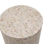 White Bone Inlay Round Side Table with Floral Scroll Design - Image 2