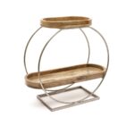 Modern 2-Tier Oval Wooden Tray Organizer with Circular Silver-Finished