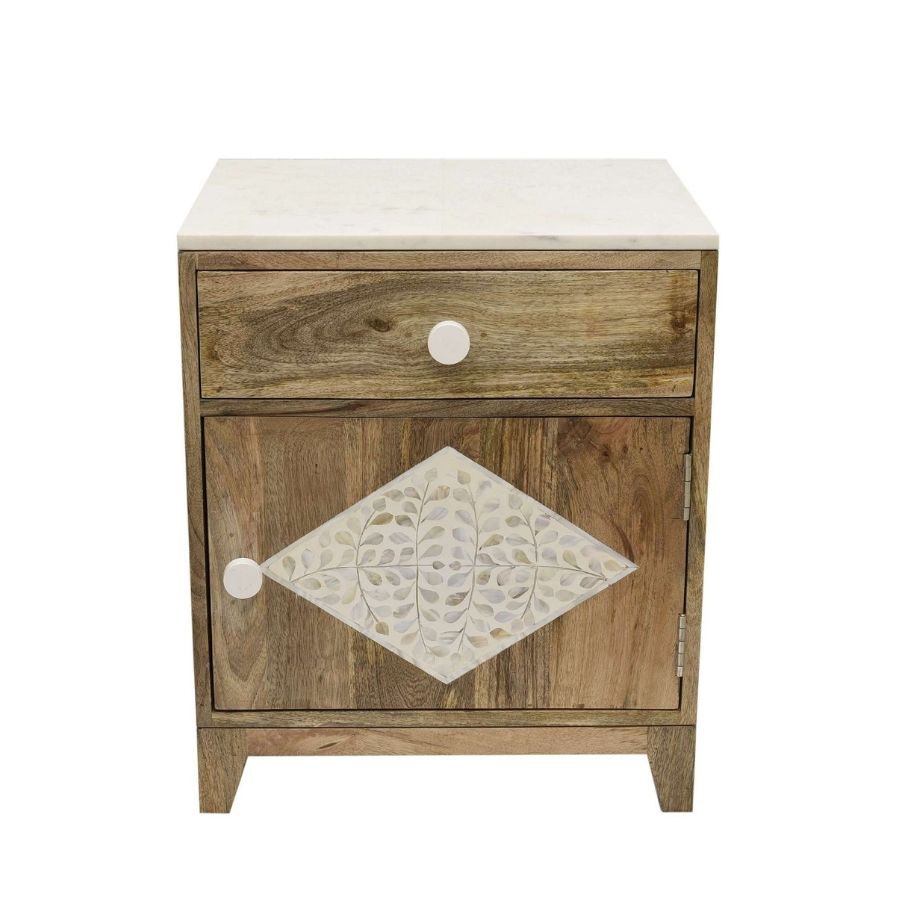 65 Wooden Bedside Table with Bone Inlay Diamond Accent & Marble Top - Image 1