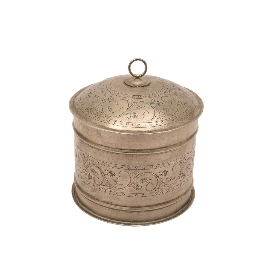 7 Hand-Engraved Cylindrical Metal Canister - Image 1