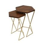 Wooden Nesting Side Tables with Geometric Gold Metal Frames - Set of 2