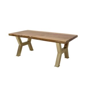 Industrial Live Edge Solid Wood Dining Table with Golden X-Frame Metal Legs