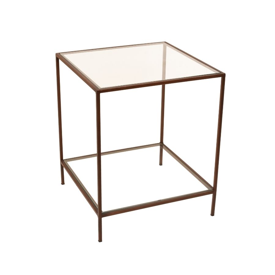 85 Square 2-Tier Glass Side Table with Slim Brown Metal Frame - Image 1