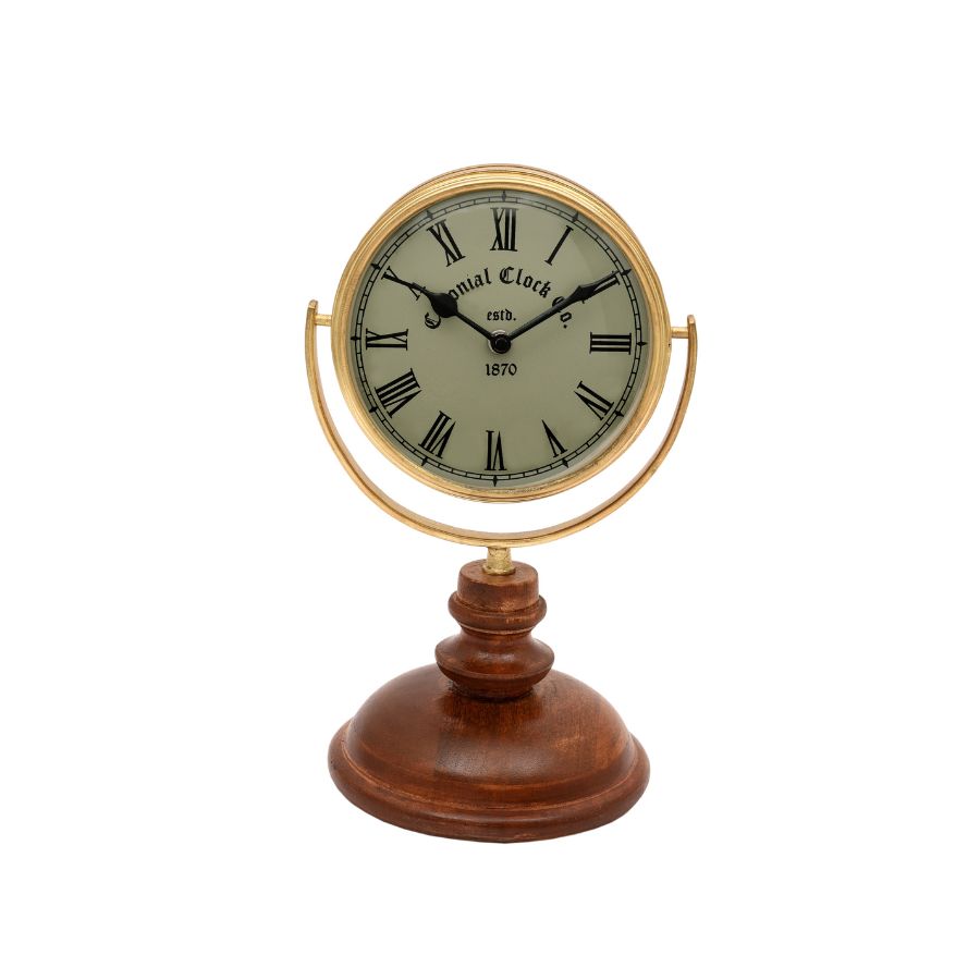 9 Vintage Brass Table Clock with Wooden Stand - Image 1